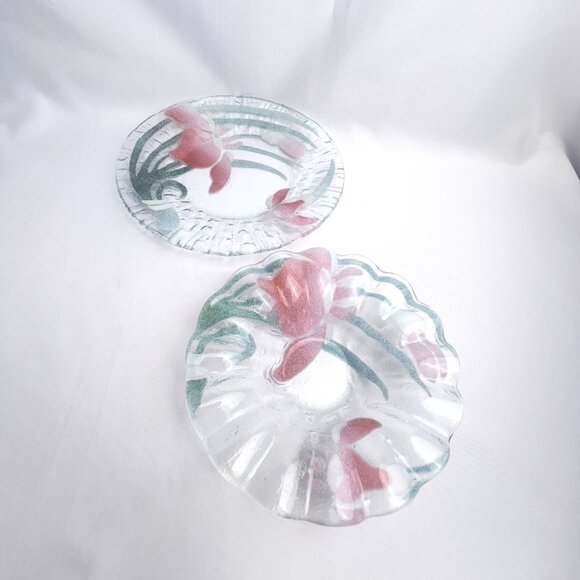 Fused Art Glass Bowl & Plate Set Pink Green Swirl Textured Floral Decor 2pc. - Picture 10 of 11
